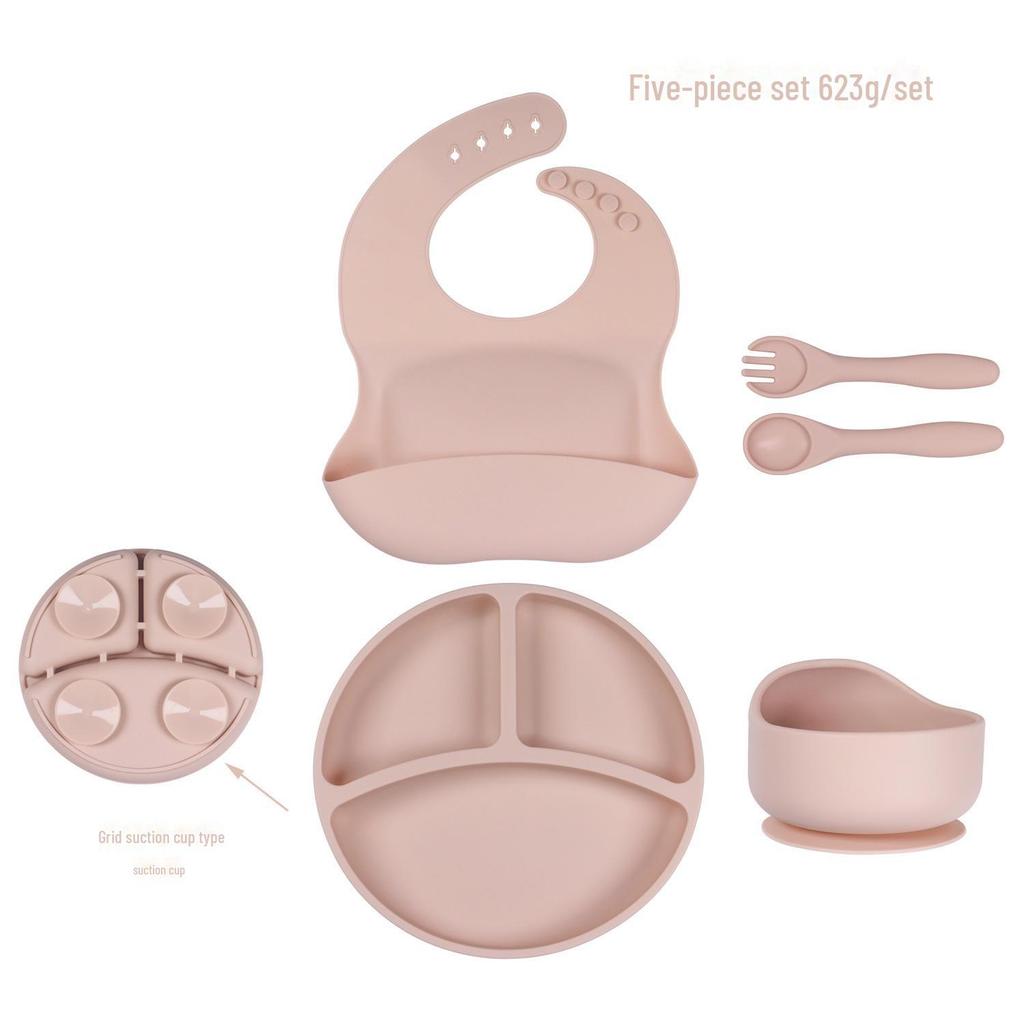 Kids' Silicone Tableware Set: Shatter-Resistant Plate, Bowl, Fork, Spoon, Bib (5-Piece)