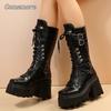 Fashion Fashion Chunky High Heel Mid Calf Boots Women Thick Bottom Patent Leather Punk Boots Woman Gothic Black Platform Booties 35-43