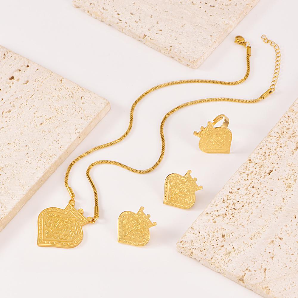 Elegant Titanium Steel Crown Heart Jewelry Set: Necklace, Earrings, & Ring