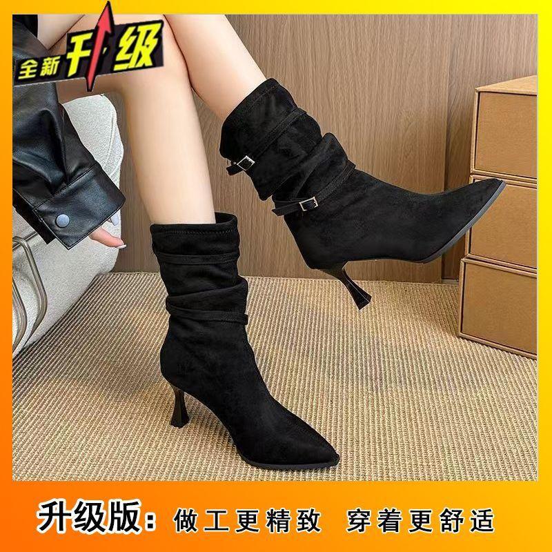 Belt buckle pleated stacked medium boots autumn new beautiful comfortable versatile Martin boots women 35
