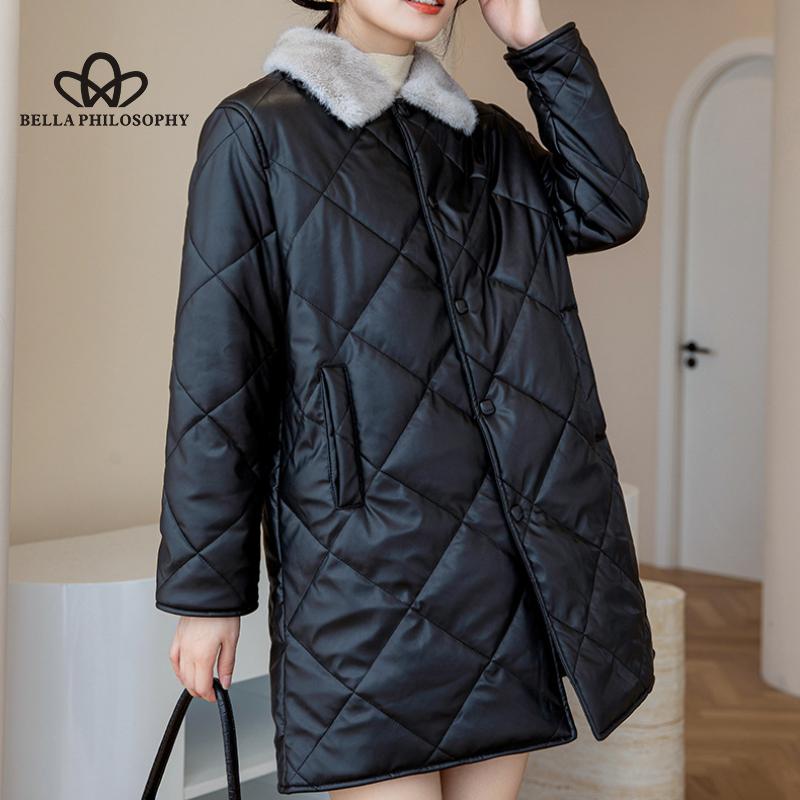 Podzim Zima Středně dlouhý dámský bavlněný kožený kabát Umělá norková klopa zesílený dámský kabát velkých velikostí