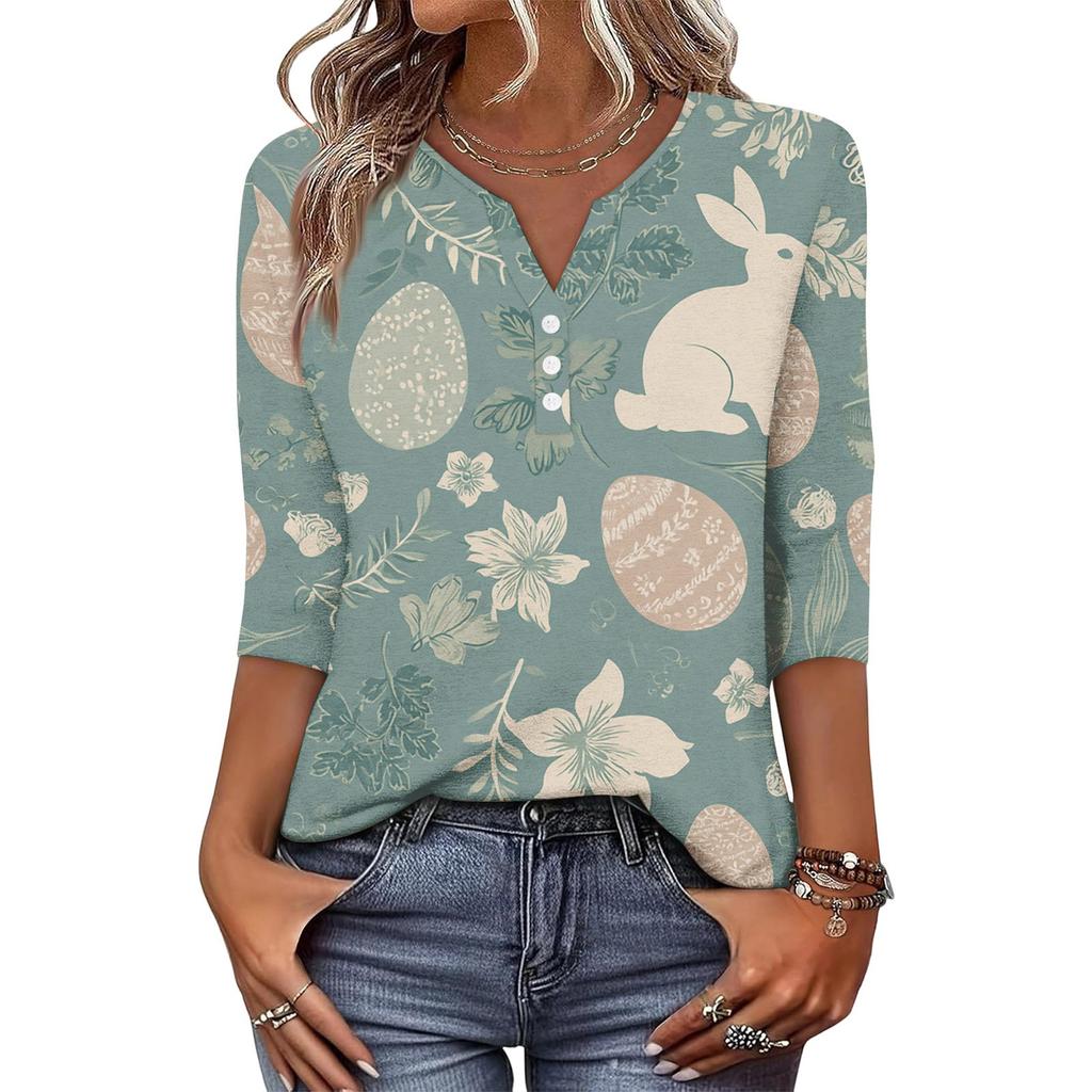 Camiseta de Manga Tres Cuartos con Botones y Cuello en V, Estampado de Conejo y Huevo de Pascua, Moderna y Casual para Mujer