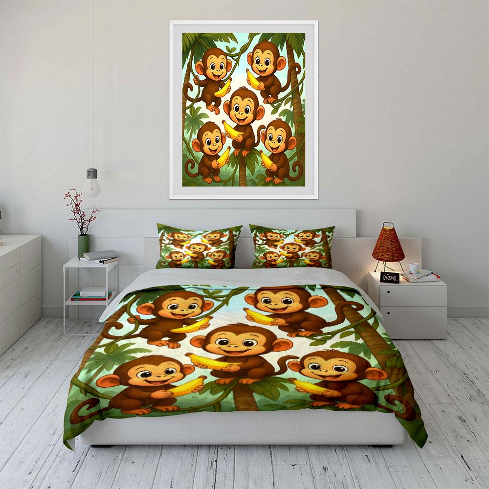 Cute Monkeys with Bananas Pattern Bedding Duvet Cover Set (1*Duvet Cover 2*Pillowcases, without duvet insert)