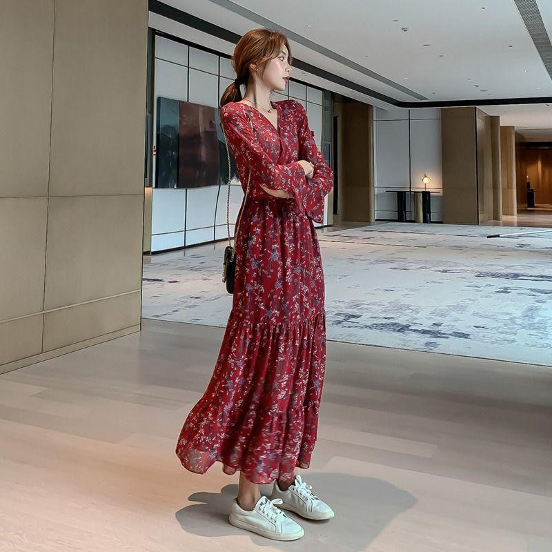 WTEMPO Brand Fragmented Chiffon Long Sleeve Dress Loose Retro Versatile Large Hemline Skirt Slim Tall Super Long Knee Skirts