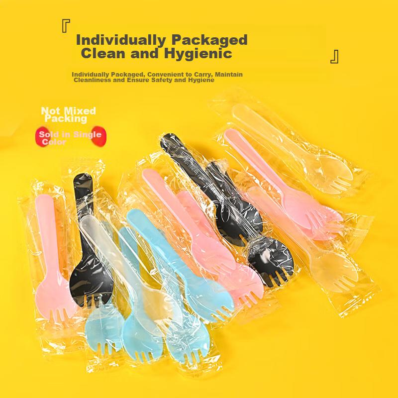 Babike Disposable Plastic Forks And Spoons, Individually Wrapped, Frosted Forks, Thickened Dessert Spoons, Transparent, 100 Pieces