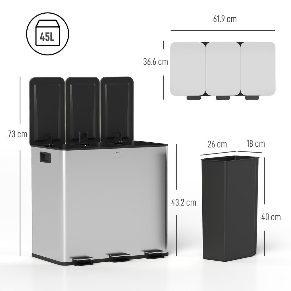 3 X 15L Pedal Bin, Steel Triple Kitchen Bin with Soft Close Lid, Removable Inner Buckets, Fingerprint-Proof, Silver Tone