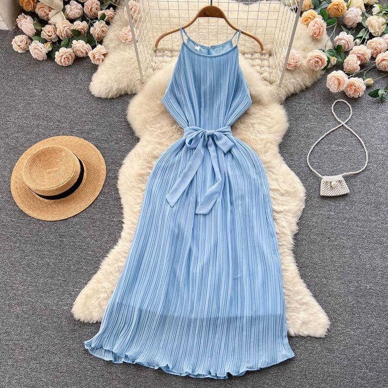 

off-Shoulder Pleated Dignified Sense of Design Dress Halterneck Sky Blue All yards