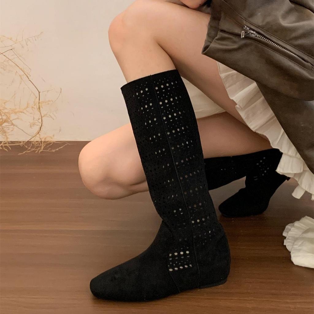 4CM Inner Height Increase~ Retro Spice Girl Maillard Hollow Boots Women's Summer Breathable Non-slip Millennial Wind Thin Boots