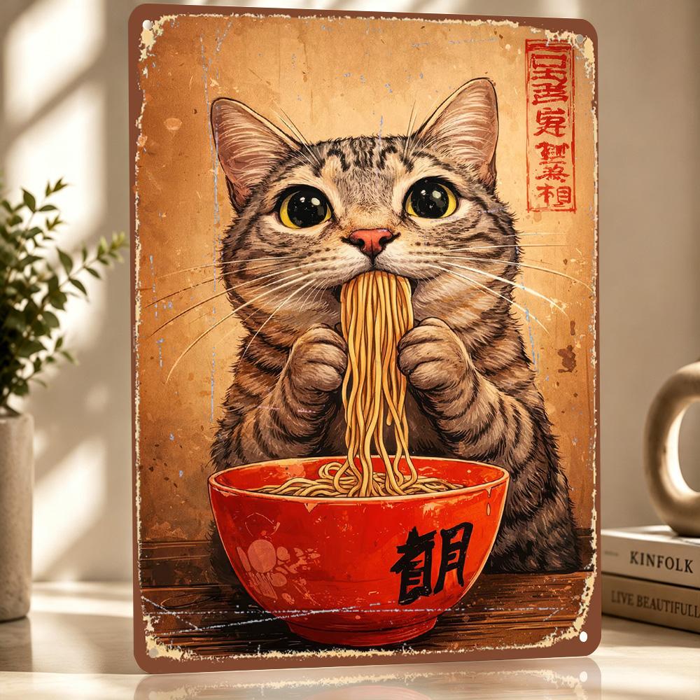 Cat Eating Ramen Noodles Personalized D Textured Metal Poster Wall Art Vintage Tin Signs for Article Decoration Room Wand Deko