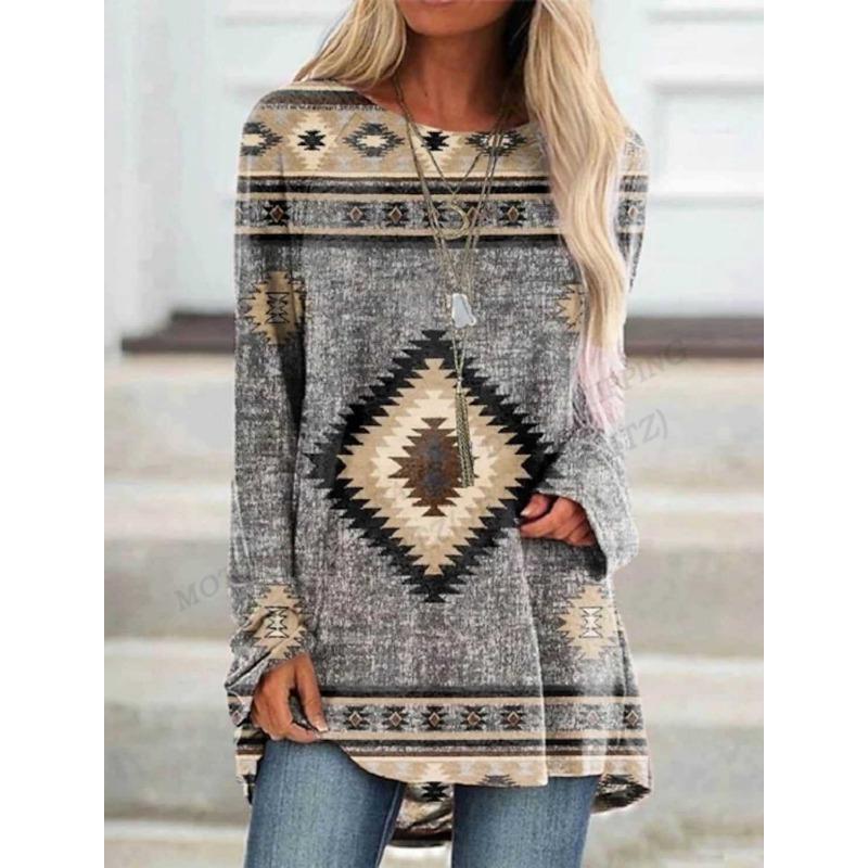 Ethnic 3d Print T-shirt Women Fashion Casual Long Sleeve Tops Tees Graphic Print Loose Harajuku Vintage Tees