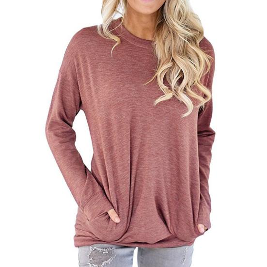 

Женская осенняя однотонная футболка с длинным рукавом, свободная блузка, карманы, свободная туника M кирпич красный