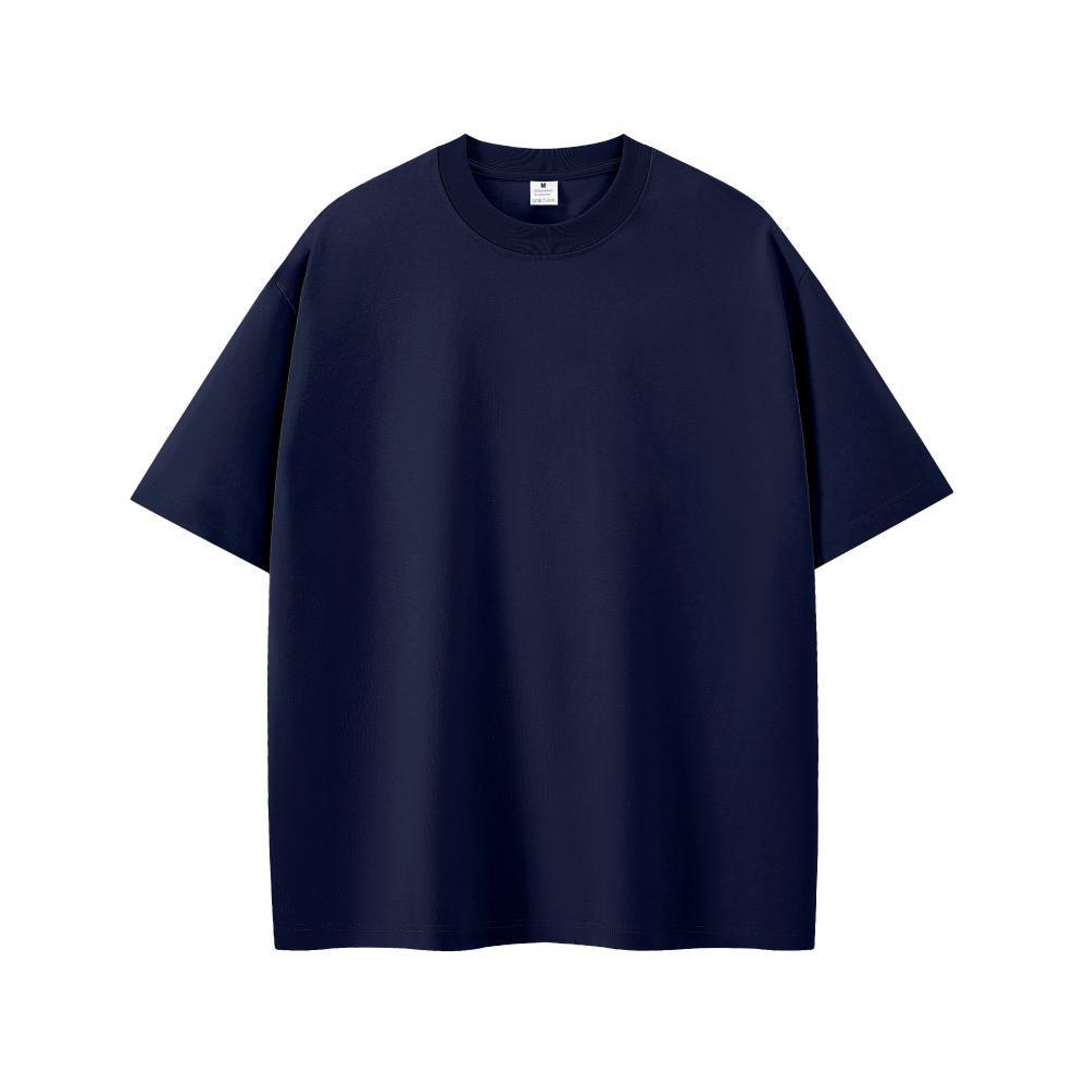 Men's Oversized Round Neck Logo T-Shirt - Solid Color, Drop Shoulder, Pure Cotton, European Size 200g