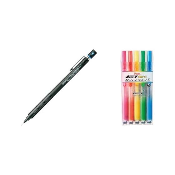 Pentel Graph 1000 for Pro Mechanical Pencil, 0.7mm + Handyline S Fluorescent Marker, Knock Type, 5 Color Set