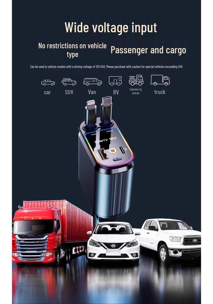 Retractable 4-in-1 Car Charger with RGB Ambient Light and Starry Sky Ceiling.
