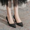 Intellectual Elegance Black Thousand Bird Grid High Heels Spring Thin Heel Pointed Matte Small Fragrant Temperament Single Shoes Women