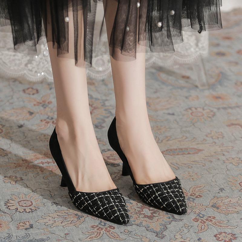 Intellectual Elegance Black Thousand Bird Grid High Heels Spring Thin Heel Pointed Matte Small Fragrant Temperament Single Shoes Women