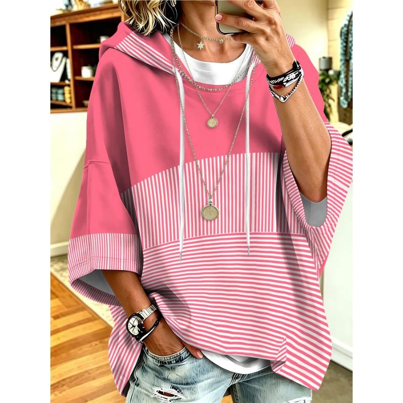Women's Casual Hooded Sweatshirt in Light Blue Solid Color with Blue and White Thin Stripe Print Patchwork, a Relaxed Style Casual Top