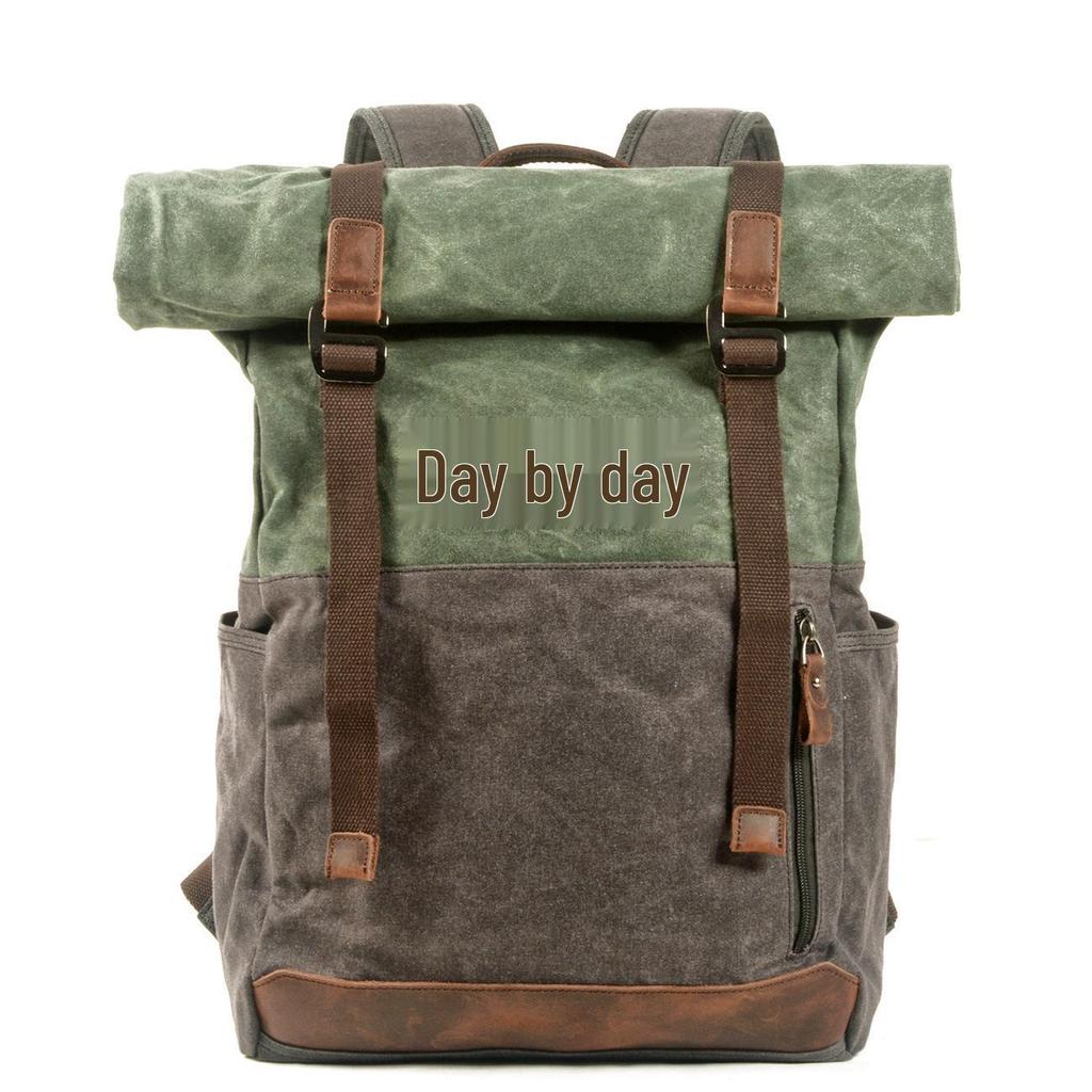 Retro European & American Color Block Canvas Backpack - Oil Wax Finish for Outdoor Hiking, Travel, Mountaineering, School, or Students