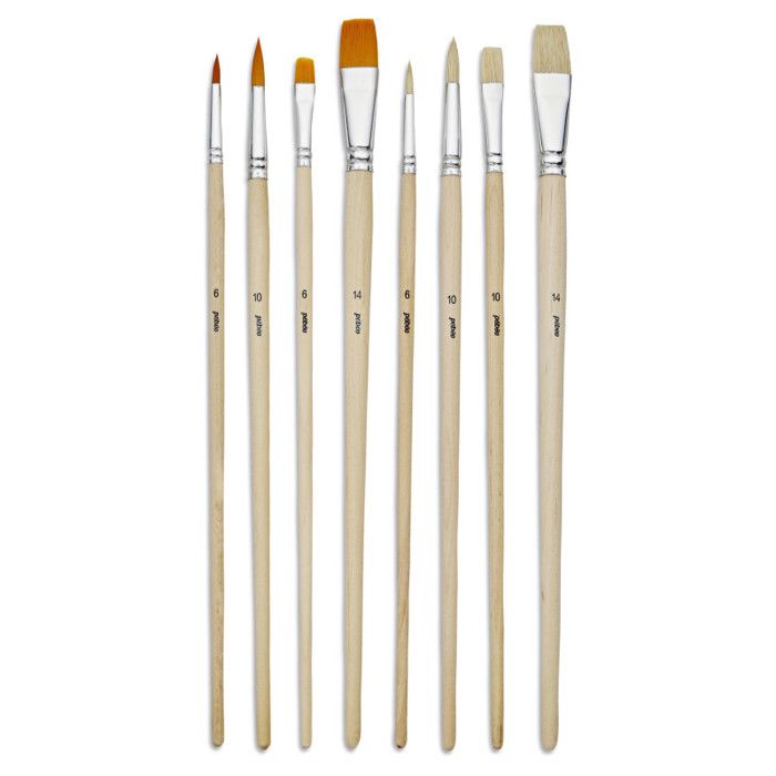 8 Brushes - Flat - Round - Acrylic and Oil - Synthetic and Natural Fibers - Long Handle - Pébéo