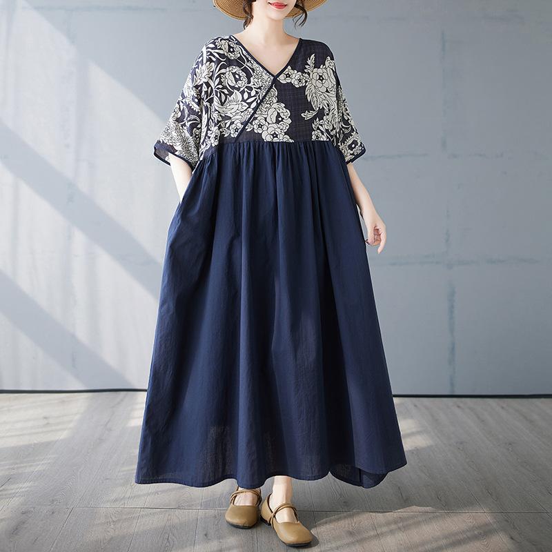 Cotton Season New Cotton and Linen V-neck Splicing Retro Style Dress Middle-aged and Elderly Mother Dress Large Size Dress