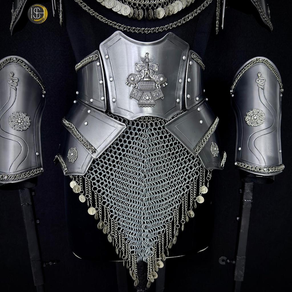 Set Armatura da Cavaliere Medievale Femminile | Armatura da Dama in Acciaio con Gonna a Maglia di Ferro | Costume Cosplay LARP