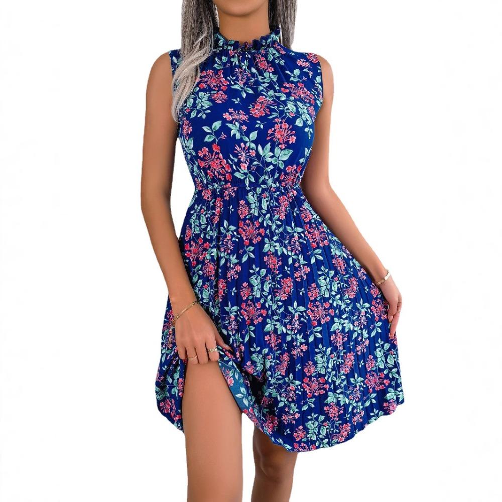 Frühlings- und Sommer-Damen-Temperament Holzohrring Blumen Taillierte Plisseekleider