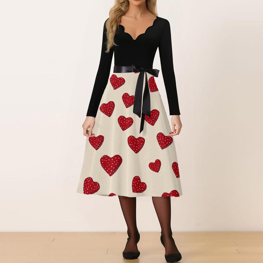 Damska Codzienna Modna Sukienka Retro z Nadrukiem Walentynkowym i Dekoltem V
