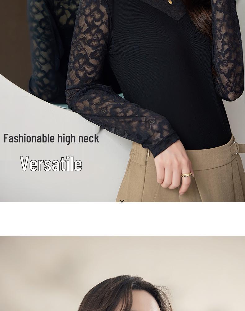 New Style Embroidered Mesh Lace Base Layer Shirt - Women's Slim Fit, Long Sleeve, Spring/Autumn Fashion Top