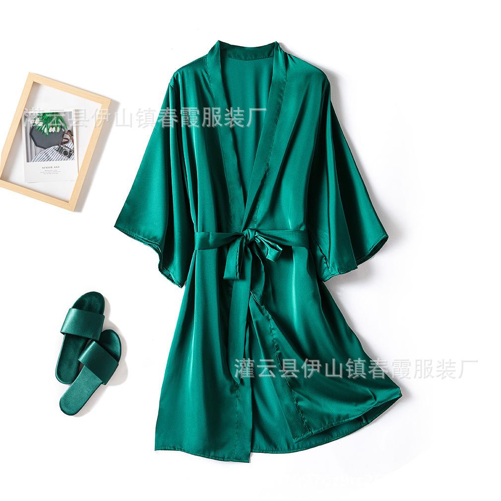 Elastic satin pajamas women's nightgown morning gown single bathrobe medium and long robe black sexy imitation silk