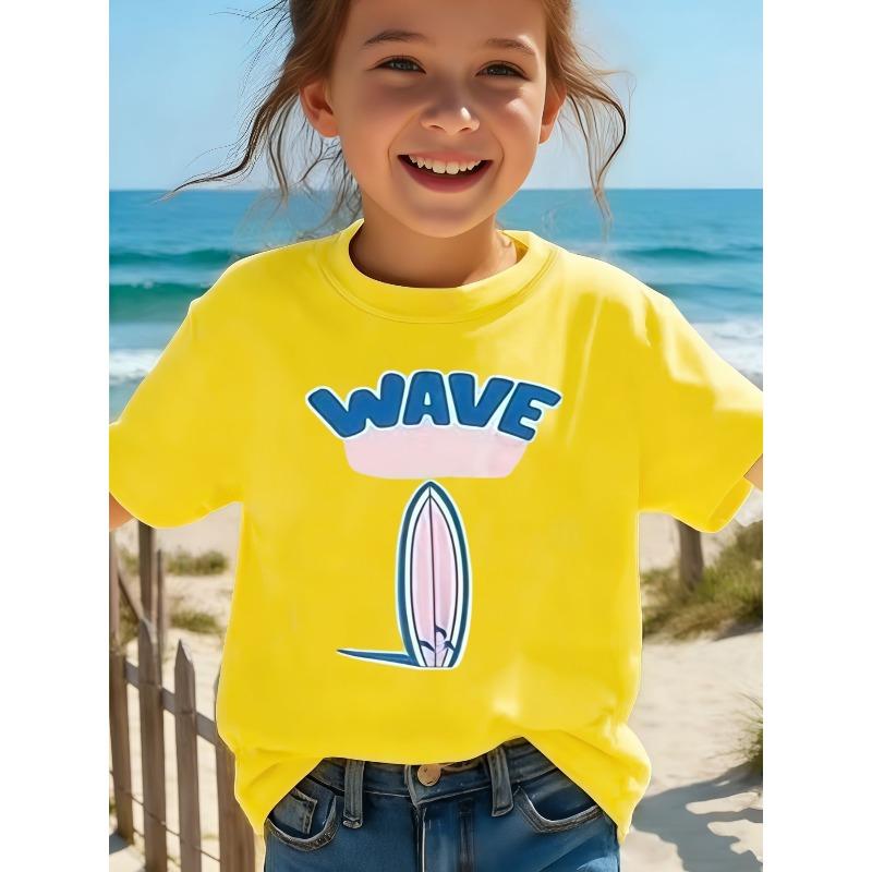 European sizes Cartoon Wave Surfboard Print T-Shirt, Fun Beach Surf Theme Short Sleeve for Boys and Girls, Pink Clouds and Blue Fin Pattern