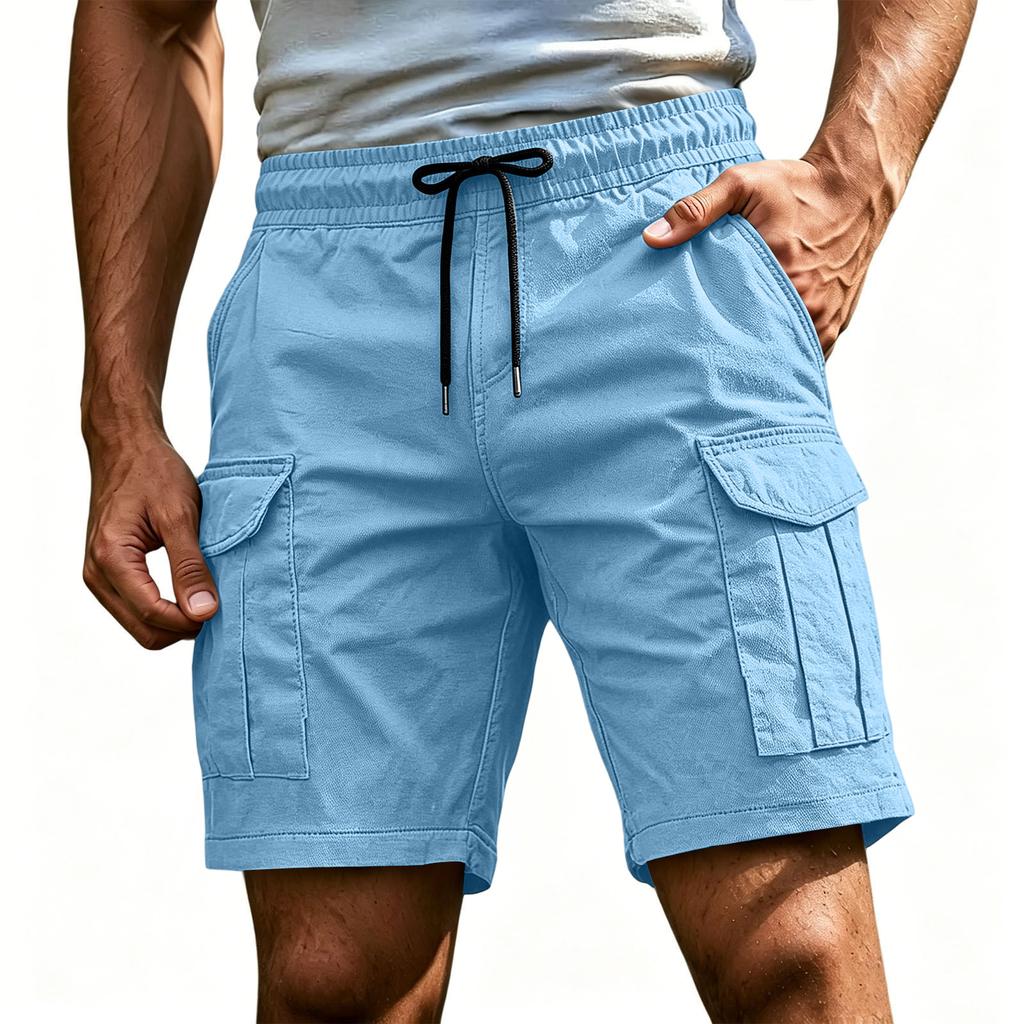Men's Casual Cargo Shorts Elastic Drawstring Waist Multi-Pocket Summer Quick Dry Workout Solid Color Beach Short Pants