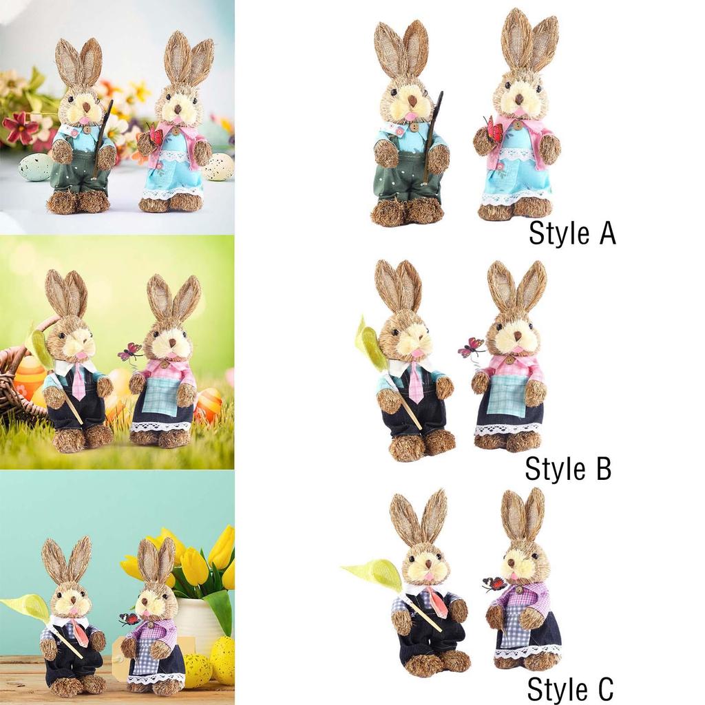 2Pcs Easter Bunny Figurines Easter Decor Cartoon Cute Creative Straw Rabbit Statue for Tabletop Yard Patio Lawn Bookshelf