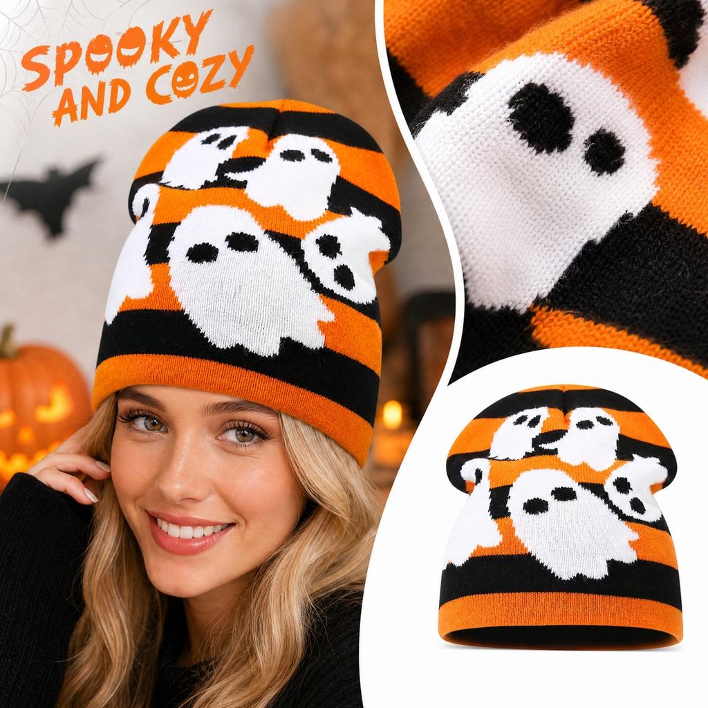 Halloween Pumpkin Knit with, Warm Winter Cuffed Hat for Adults and Kids