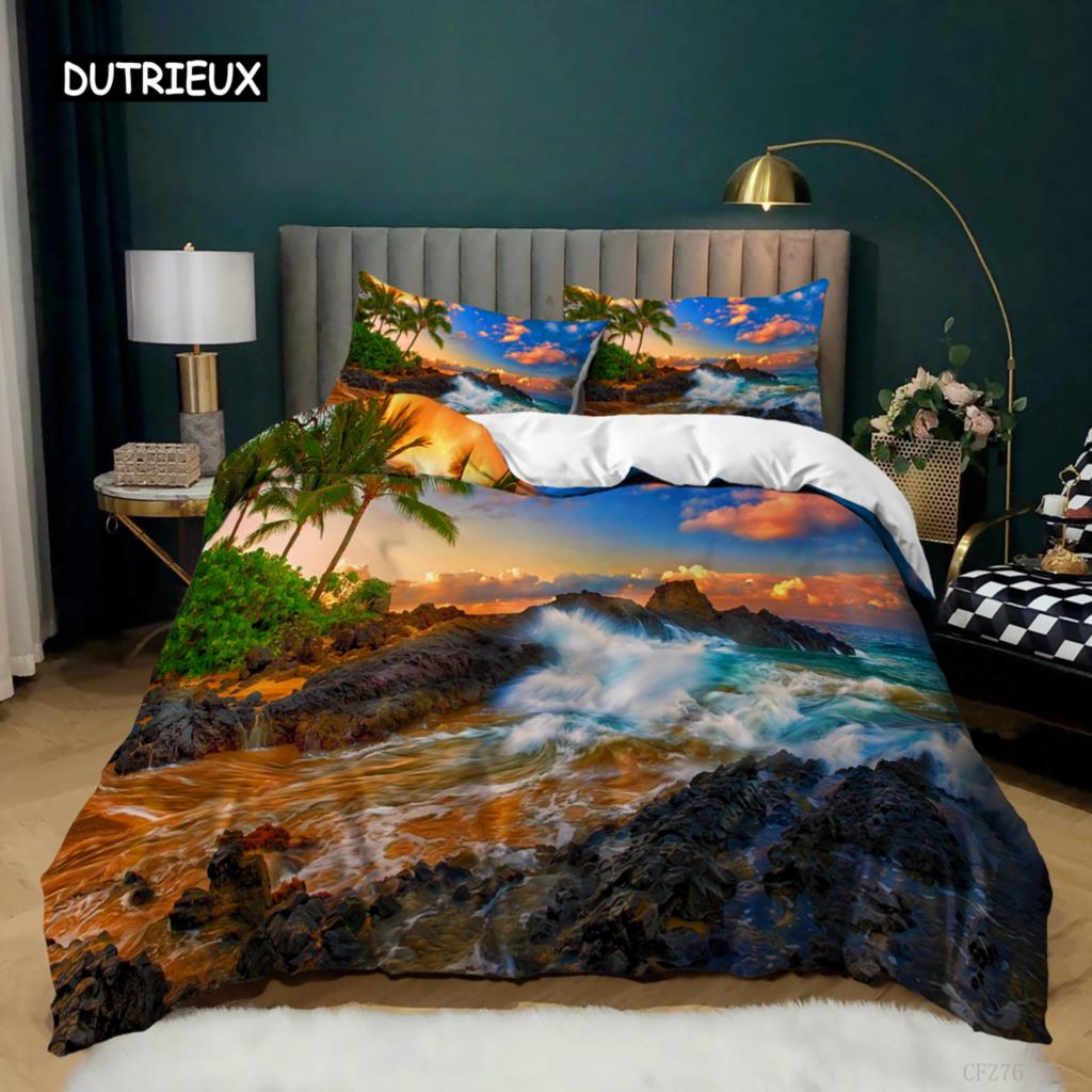 Painting Duvet Cover Set King Size Beach Sunset Reef Natural Landscape Painted Bedding Set Natural Scenery Polyester Quilt Cover