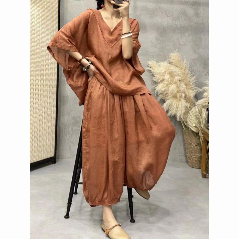 

Women s Plus Size Linen Set: V-neck Batwing Top & Casual Lantern Pants Large оранжевый