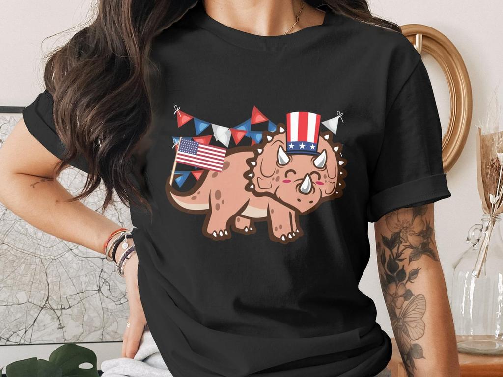 Patriotic Triceratops T-Shirt, 4th of July Dinosaur Tee, Cute American Flag Dino Shirt, Kids Independence Day Gift, USA Pride Apparel