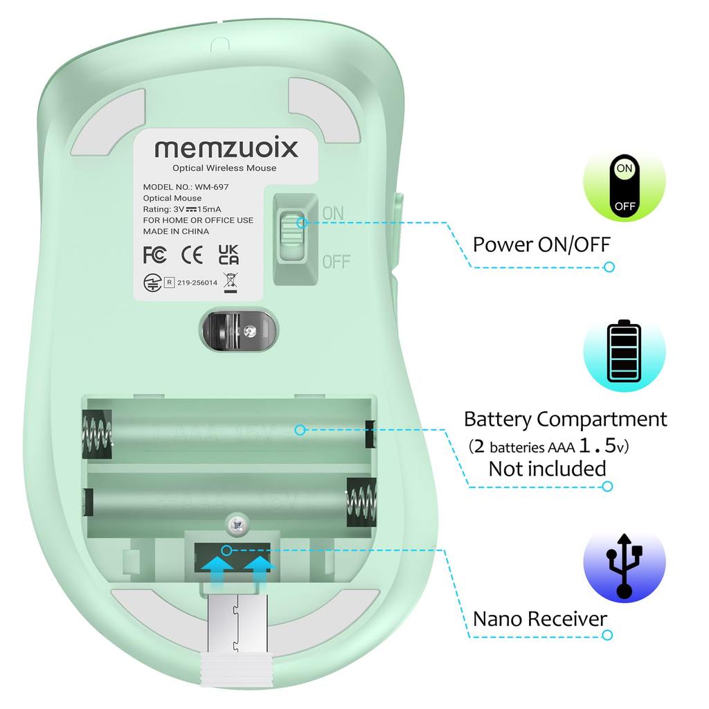 Memzuoix Ergonomic Wireless 1400 5 Battery USB Receiver Compatible with Light Green Mouse, 2.4G Optical, DPI, Buttons, Operated, Included, Cordless,