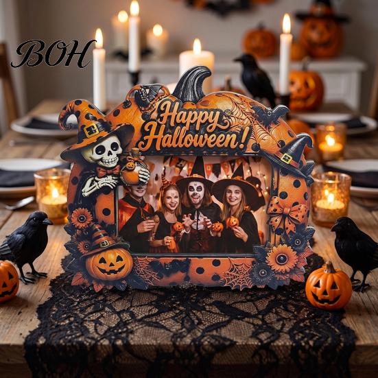 Festive Home Accents Halloween Wooden Photo Frame, Cute Ghost Pumpkin Picture Childlike Ornament Rustic Holder for Holiday Table Centerpiece