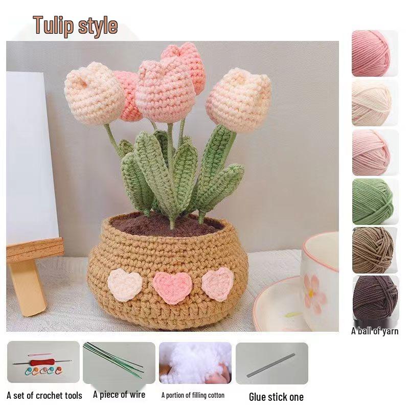 Crochet Tulip & Daisy Potted Bouquet Kit - Yarn Flowers & Ornaments