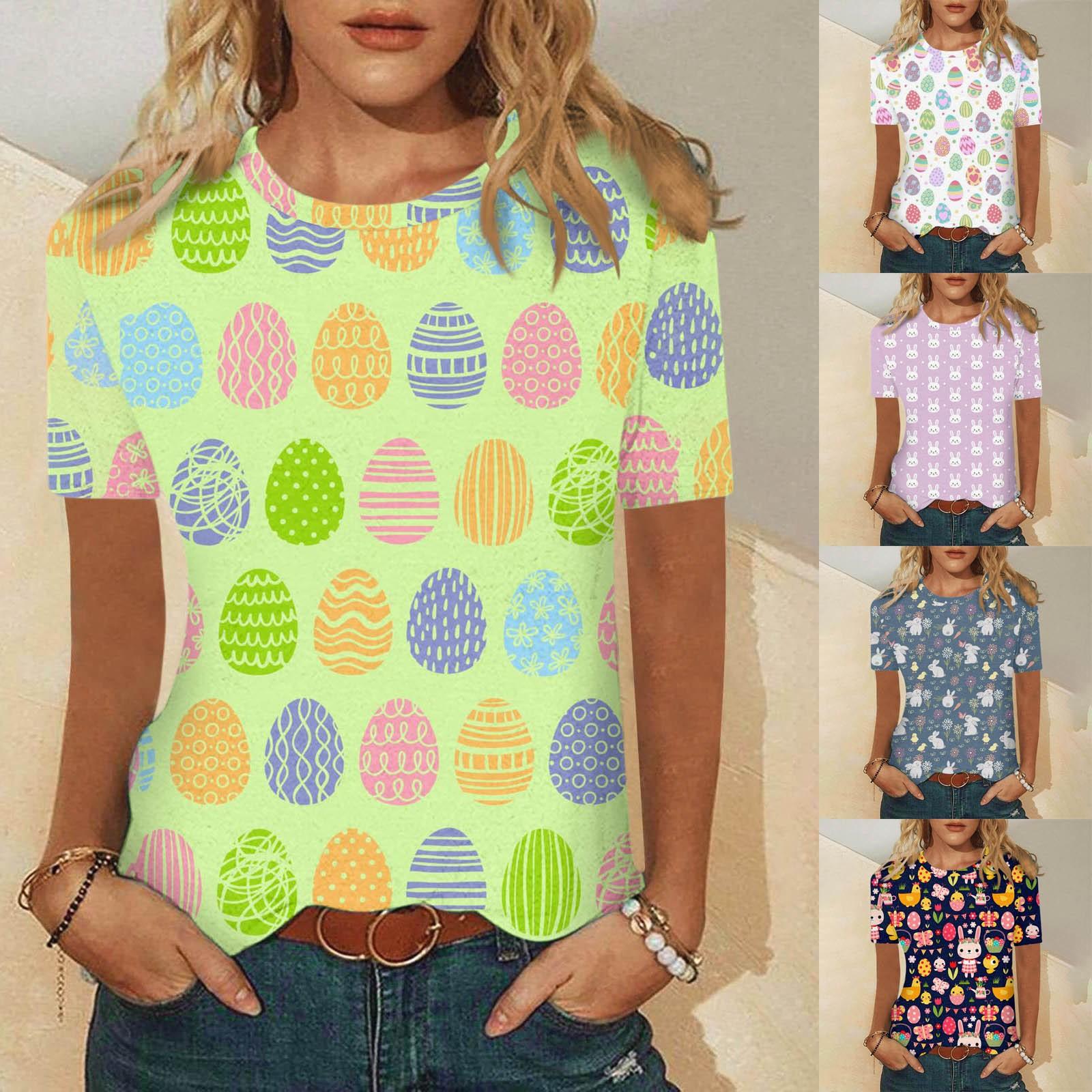 

Женская модная повседневная блузка с круглым вырезом и короткими рукавами с принтом пасхального кролика