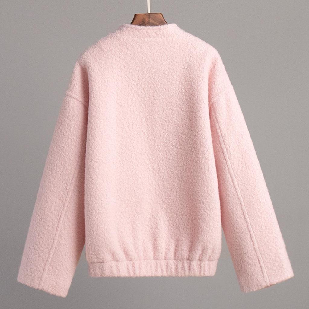 Women's Pink Winter Fleece Jacket - Stand-Up Collar, European & American Style
