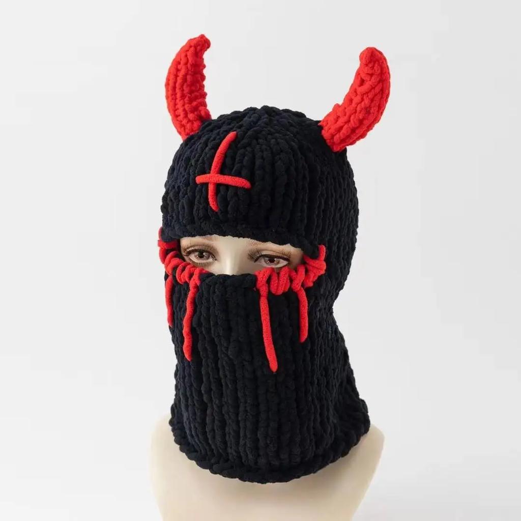 Y2K Winter Warm Knitted Beanie Hat With Long Rabbit Ear Funny Balaclava Ski Mask Cap Handmade Skullies For Halloween Party