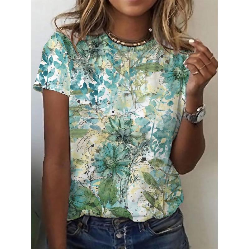

Women S Floral Print T-Shirt, Casual Round Neck Short Sleeve Comfort Tee Top For S