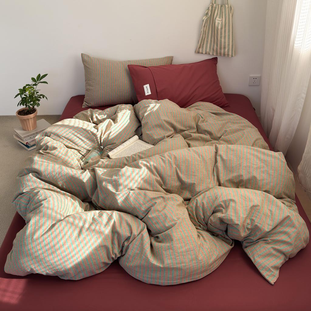 Japanese Style 100% Cotton Bedding Set King Queen Size Minimalist Striped Duvet Cover Set Comforter Cover Bed Sheet Pillow Cases