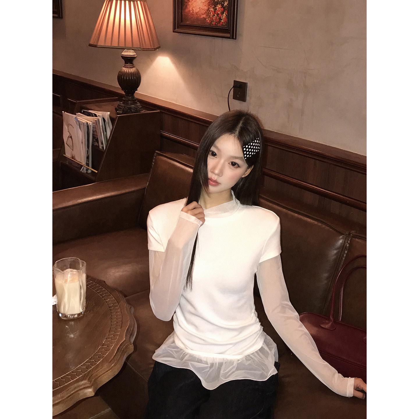 

Women s Slim-Fit Long-Sleeve Cotton T-Shirt, 2025 Autumn/Winter, Stylish Fake Two-Piece Design Extra Large білий