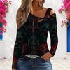 Women Plus Size Asymmetric Cutout Neck Cold Shoulder Long Sleeve Skull Floral Printed Black Fitted Shirt