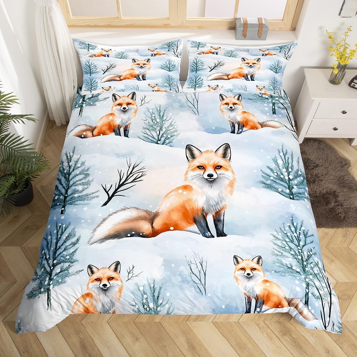 

Fox Jungle Duvet Cover Queen King Size Wildlife Bedding Set For Kids Boys Teens Country Fall Landscape Quilt Cover 3 Piece Set EU Single(135x200cm)
