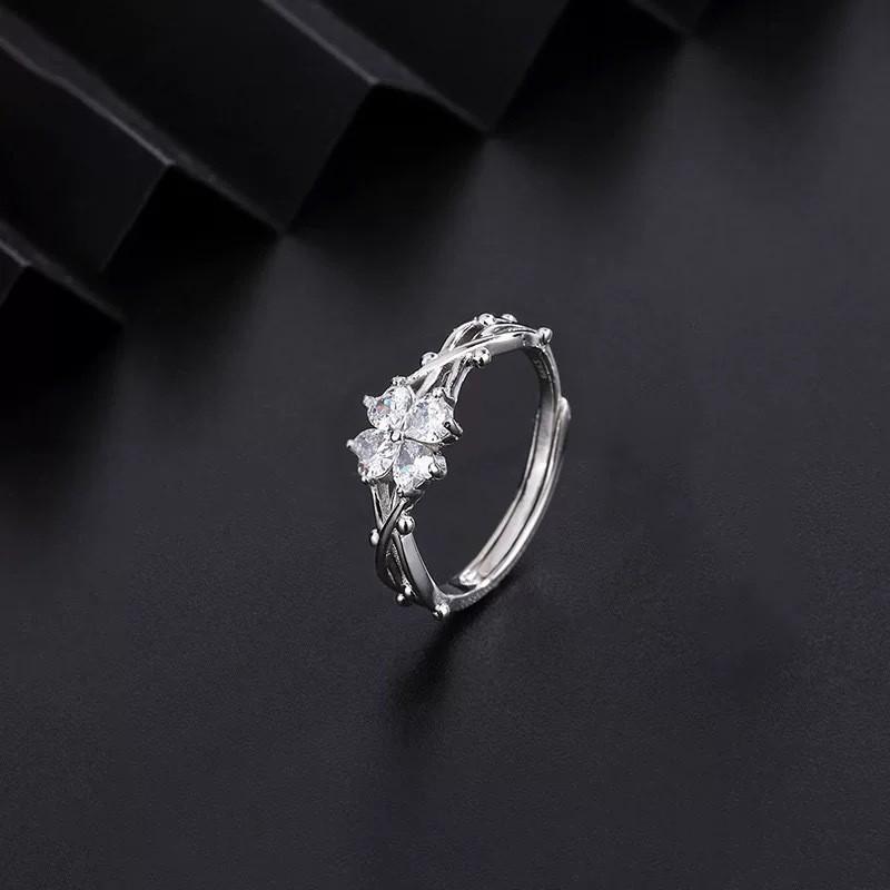 Sterling Adjustable Clover Ring Women With Cubic Zirconia Floral Design Lightweight Elegant Finger