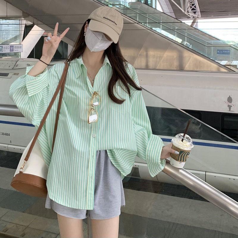 

Mint Green Striped Women s Shirt Casual Versatile Korean Woman s Clothing Summer Sun Protection Long Sleeve Cardigan Top XXL