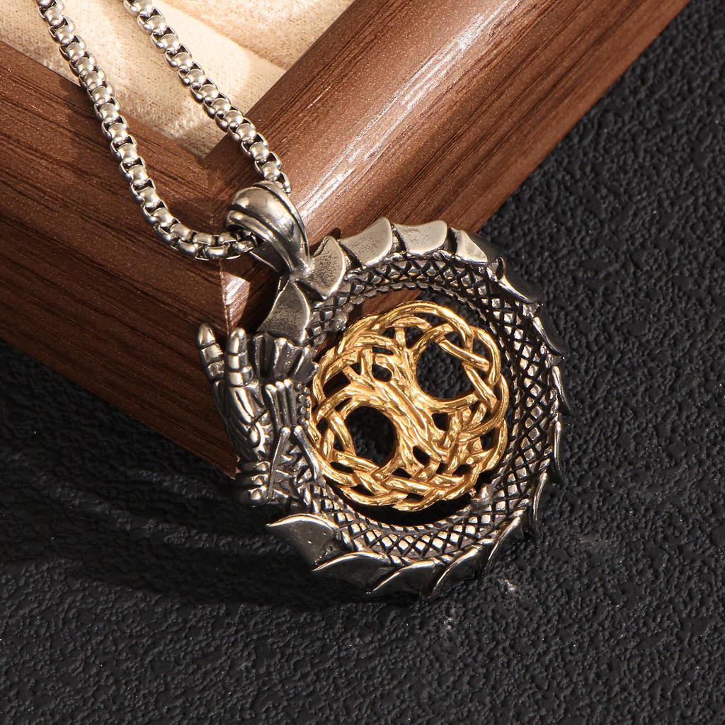 Stainless Steel Ouroboros Tree of Life Pendant Necklace